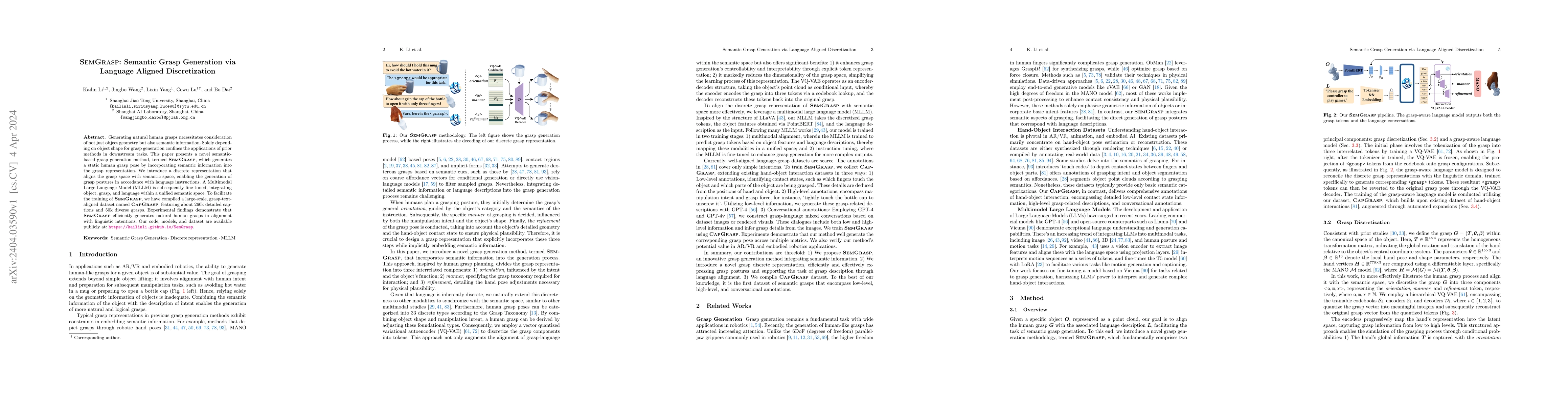 Thumbnail for SemGrasp: Semantic Grasp Generation via Language Aligned Discretization