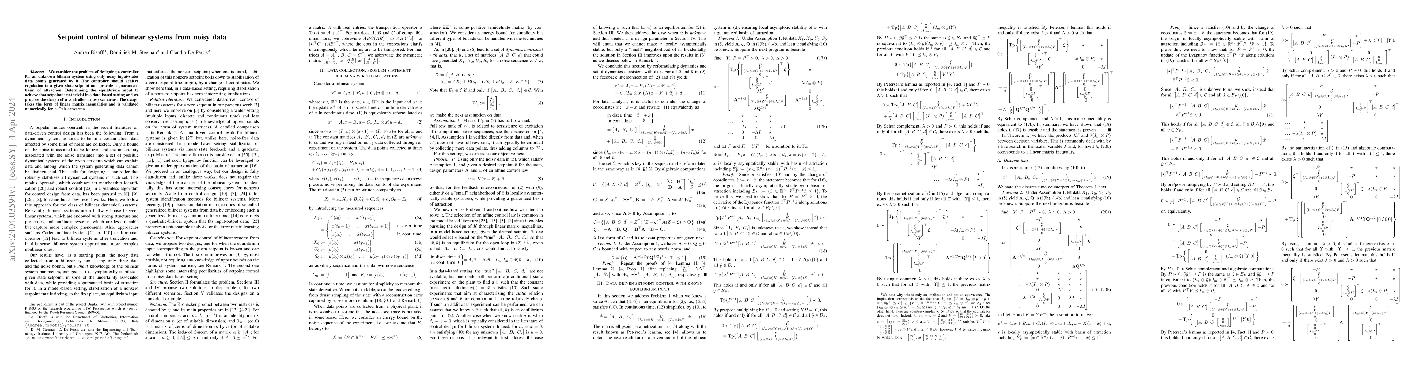Thumbnail for Setpoint control of bilinear systems from noisy data