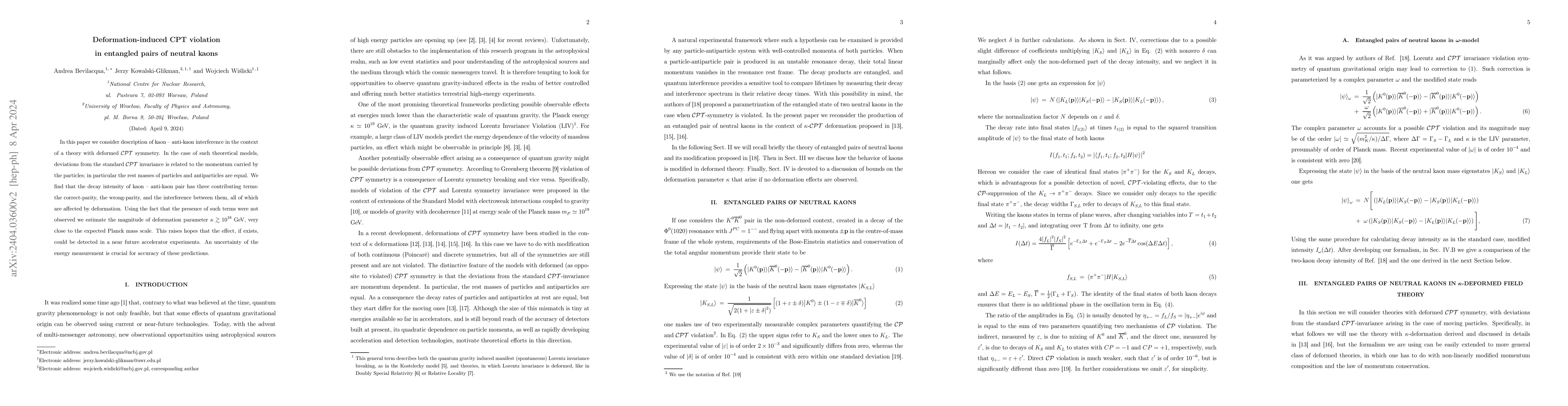 Thumbnail for Deformation-induced CPT violation in entangled pairs of neutral kaons