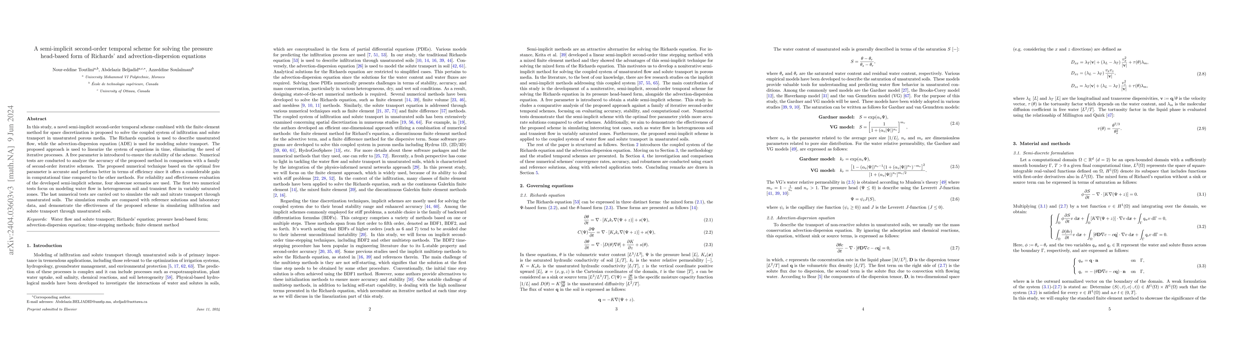 Thumbnail for A semi-implicit second-order temporal scheme for solving the pressure
  head-based form of Richards' and advection-dispersion equations