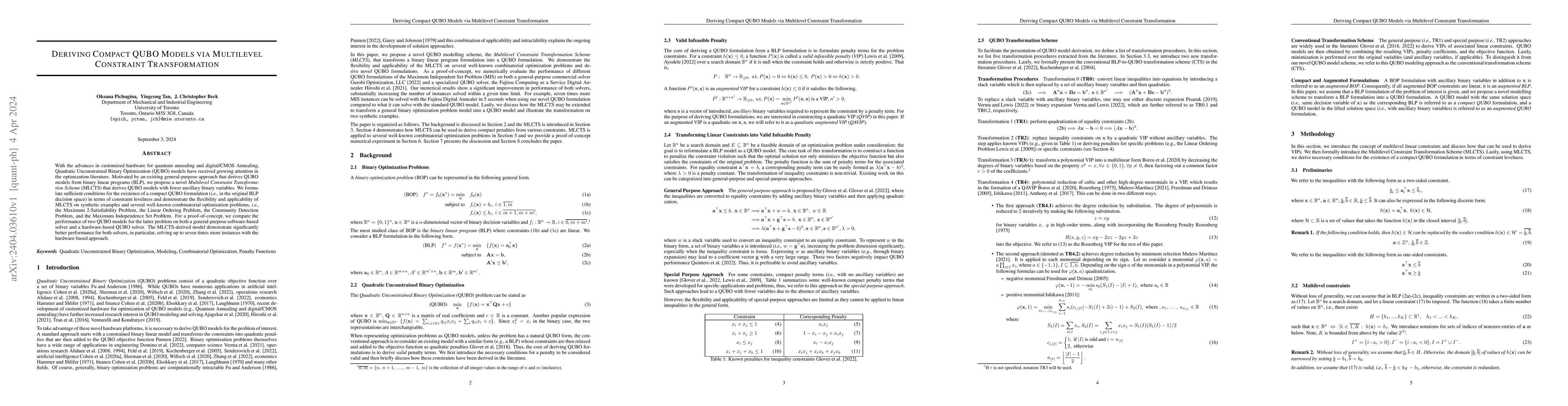 Thumbnail for Deriving Compact QUBO Models via Multilevel Constraint Transformation