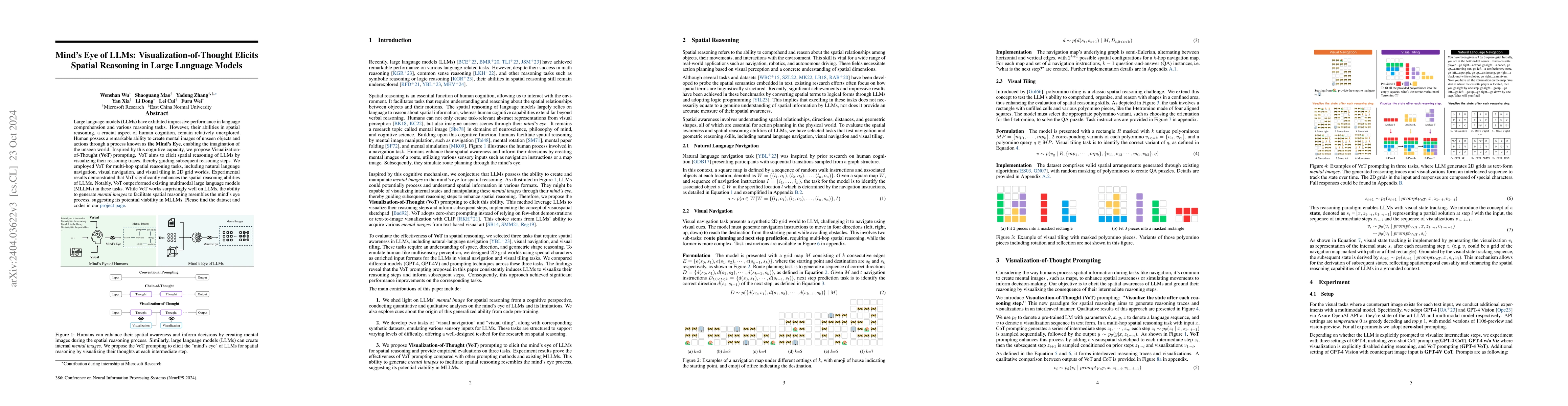 Thumbnail for Mind's Eye of LLMs: Visualization-of-Thought Elicits Spatial Reasoning
  in Large Language Models