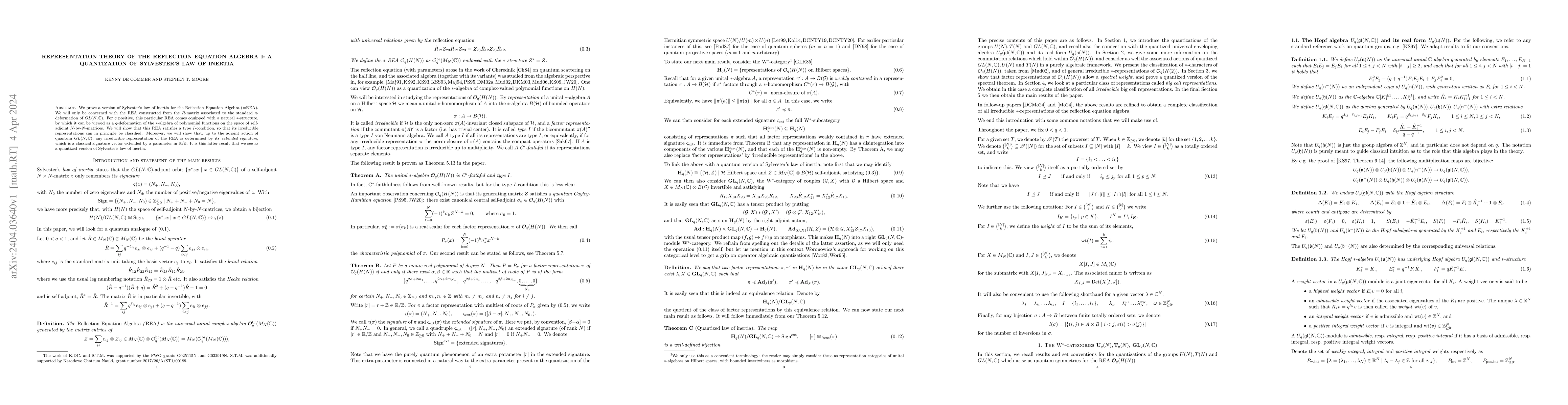Thumbnail for Representation theory of the reflection equation algebra I: A
  quantization of Sylvester's law of inertia