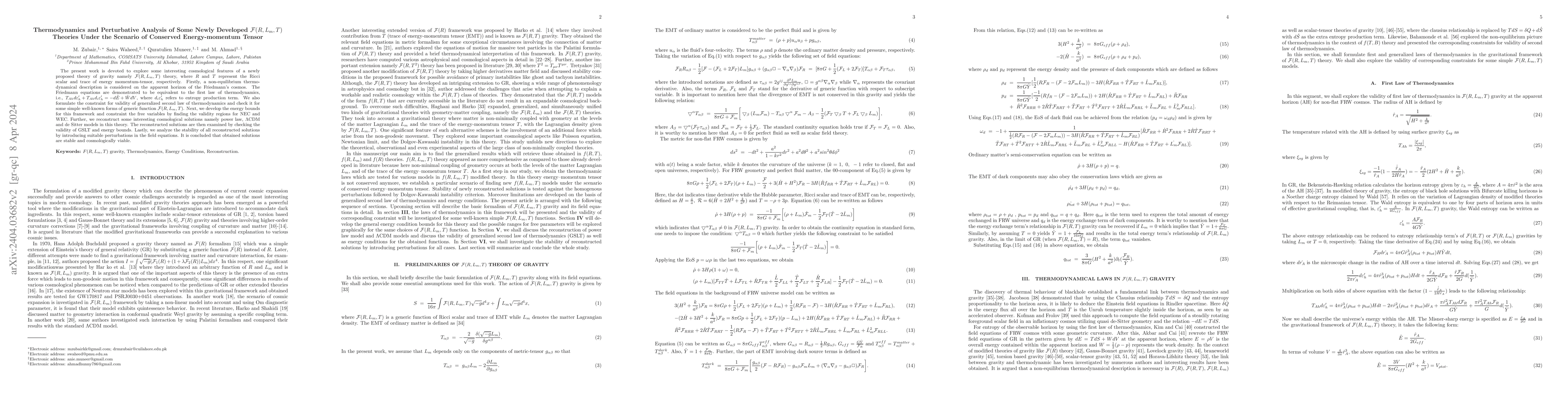 Thumbnail for Thermodynamics and Perturbative Analysis of Some Newly Developed
  $\mathcal{F}(R,L_m, T)$ Theories Under the Scenario of Conserved
  Energy-momentum Tensor
