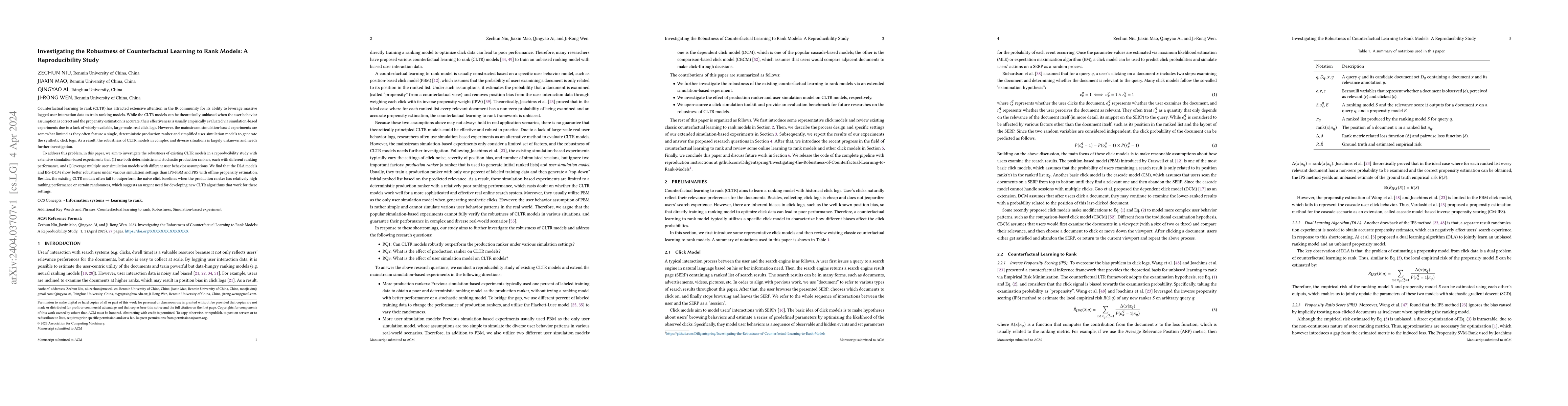 Thumbnail for Investigating the Robustness of Counterfactual Learning to Rank Models:
  A Reproducibility Study
