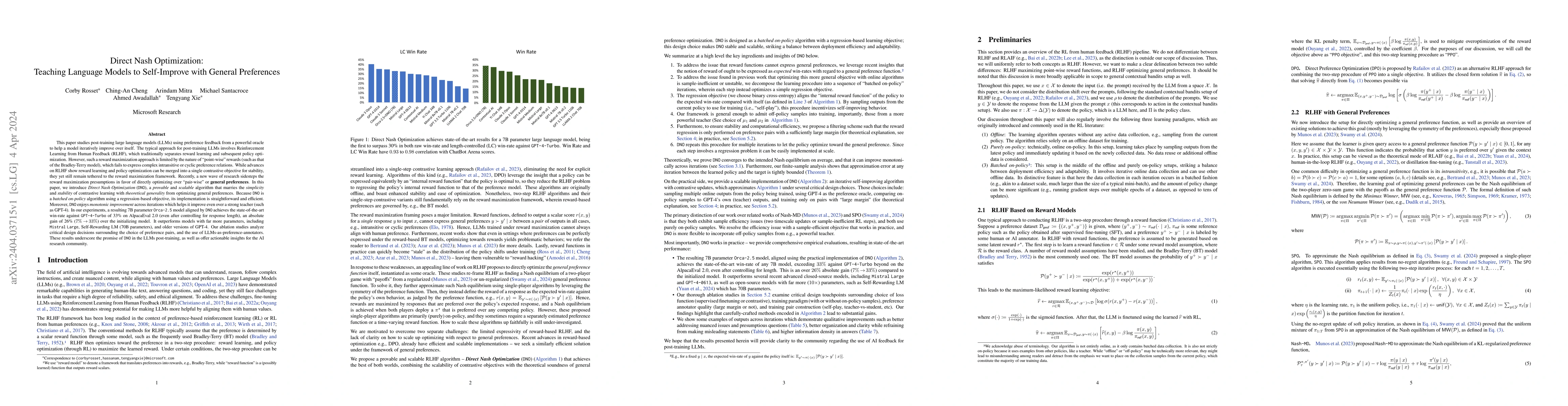 Thumbnail for Direct Nash Optimization: Teaching Language Models to Self-Improve with
  General Preferences