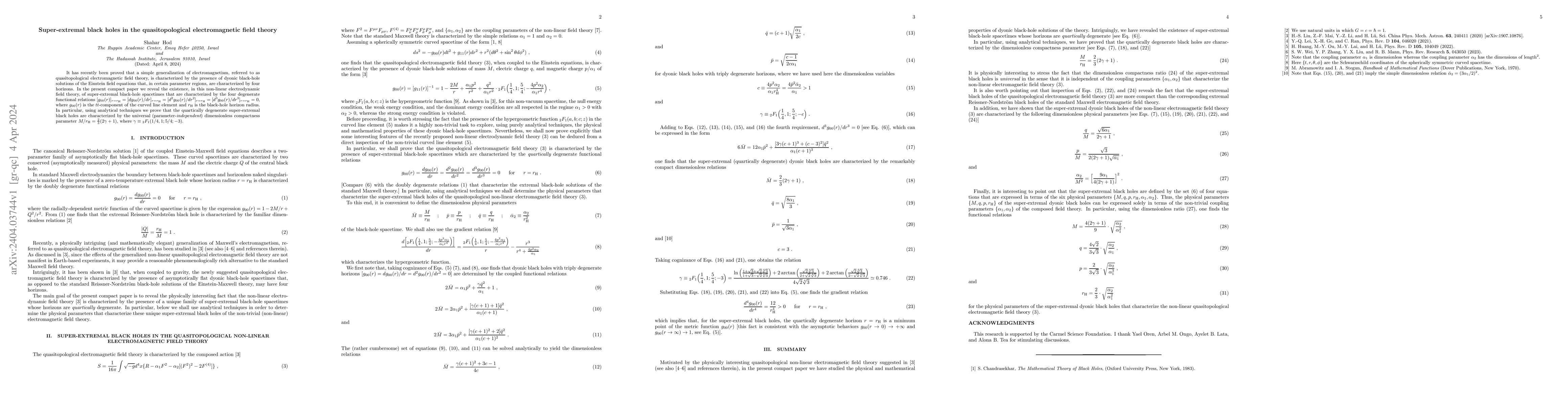 Thumbnail for Super-extremal black holes in the quasitopological electromagnetic field
  theory