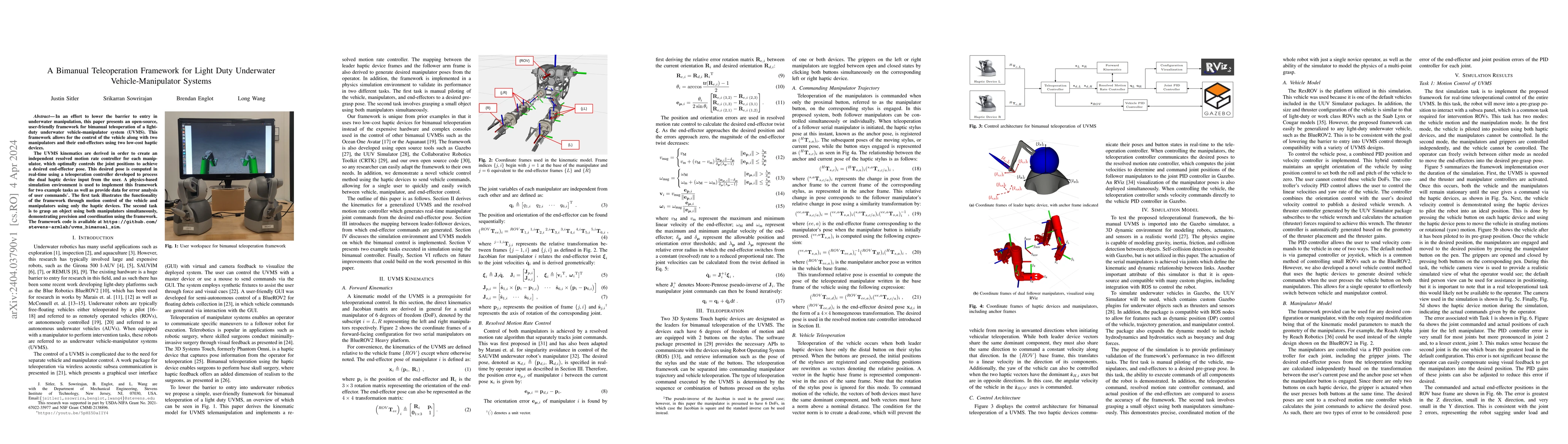 Thumbnail for A Bimanual Teleoperation Framework for Light Duty Underwater
  Vehicle-Manipulator Systems