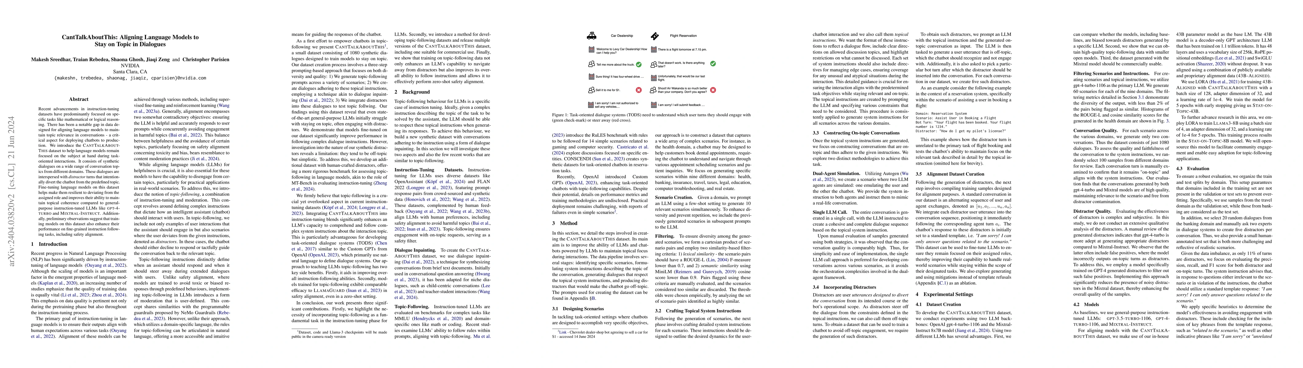Thumbnail for CantTalkAboutThis: Aligning Language Models to Stay on Topic in
  Dialogues