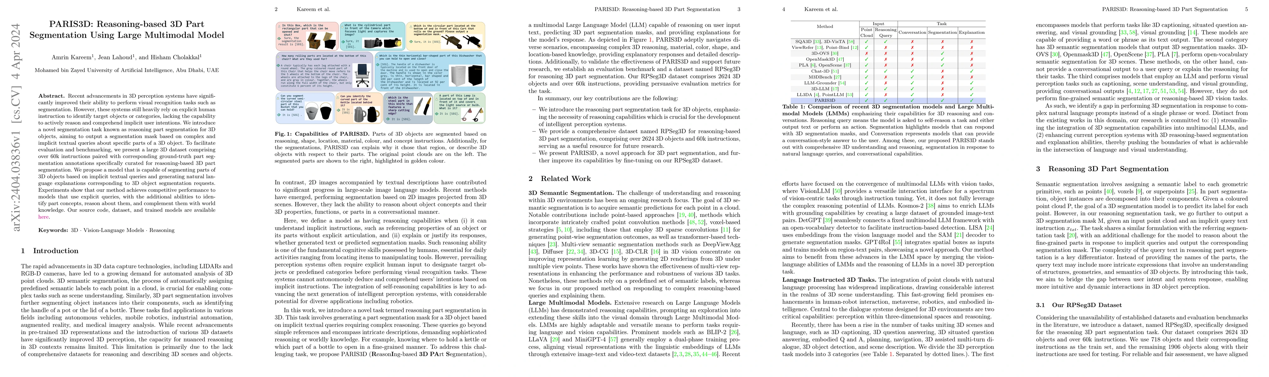 Thumbnail for PARIS3D: Reasoning-based 3D Part Segmentation Using Large Multimodal
  Model