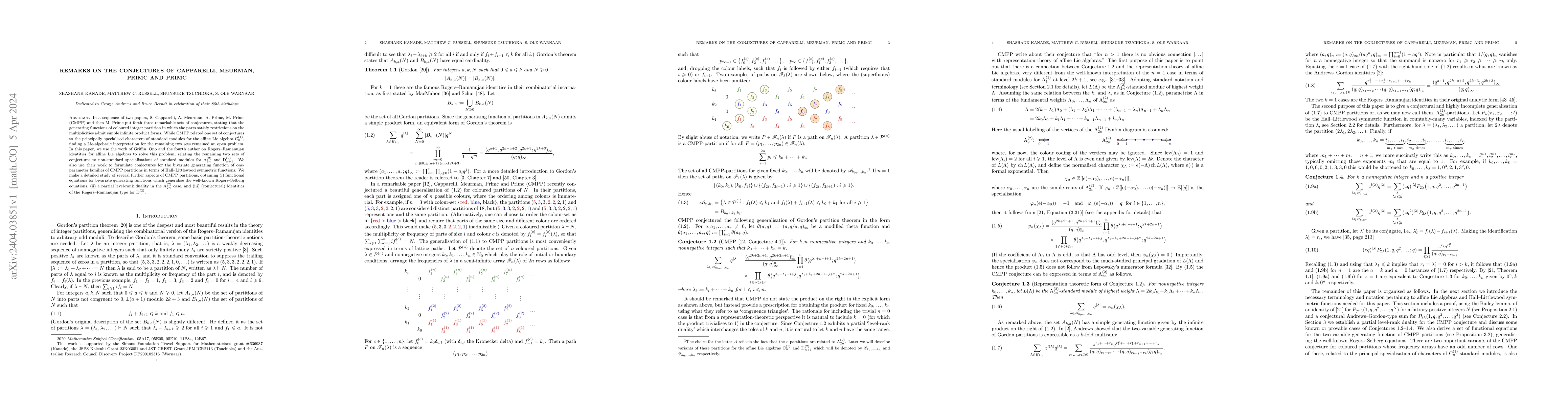 Thumbnail for Remarks on the conjectures of Capparelli, Meurman, Primc and Primc