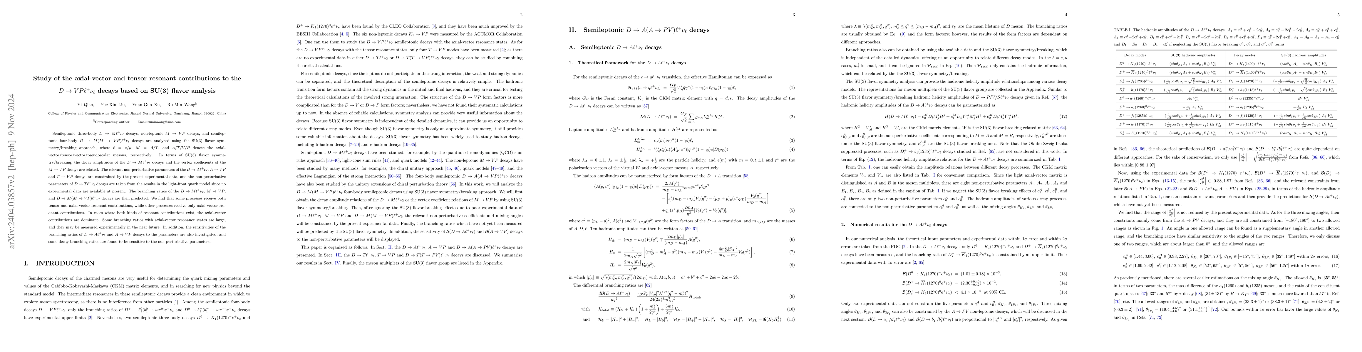 Thumbnail for Semileptonic decays $D \to A(A \to VP)\ell^+\nu_\ell$ with the SU(3)
  flavor analysis