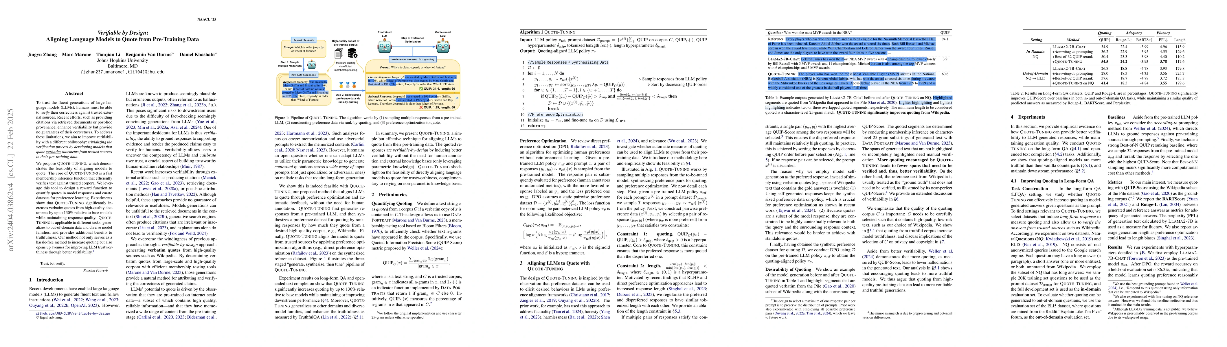 Thumbnail for Verifiable by Design: Aligning Language Models to Quote from
  Pre-Training Data