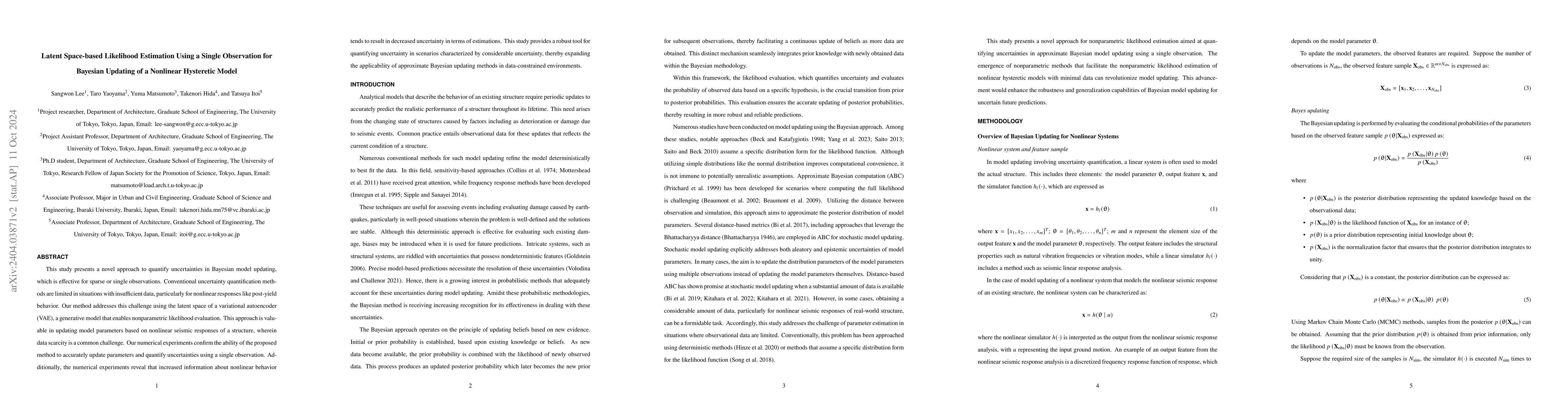 Thumbnail for Latent Space-based Likelihood Estimation Using Single Observation for
  Bayesian Updating of Nonlinear Hysteretic Model