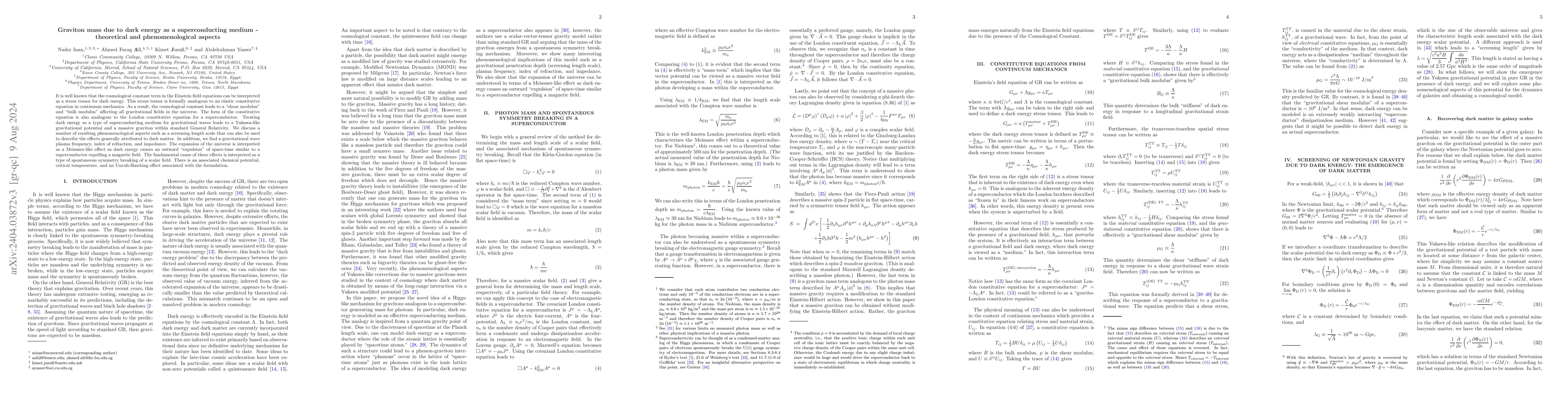 Thumbnail for Graviton mass due to dark energy as a superconducting medium:
  theoretical and phenomenological aspects