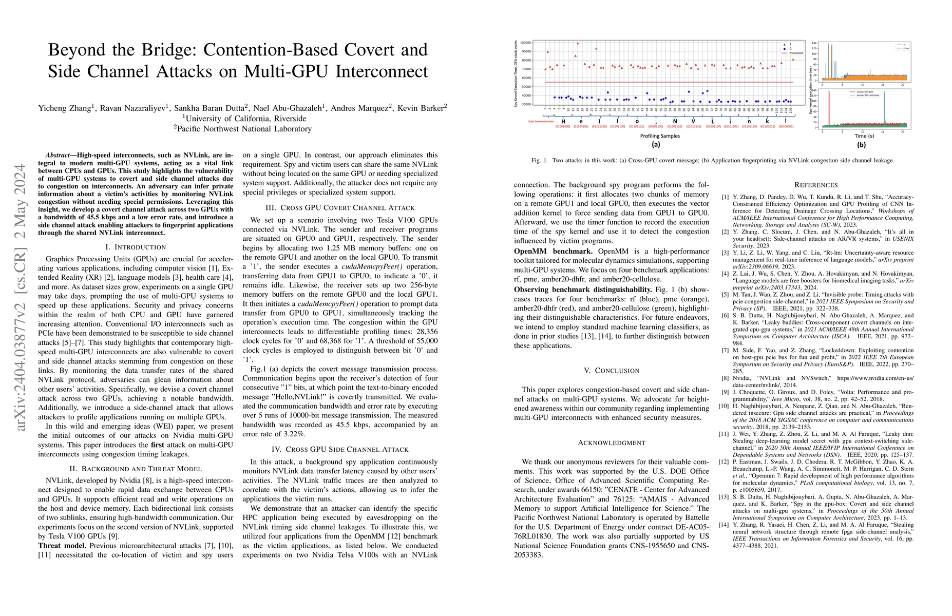 Thumbnail for Beyond the Bridge: Contention-Based Covert and Side Channel Attacks on
  Multi-GPU Interconnect