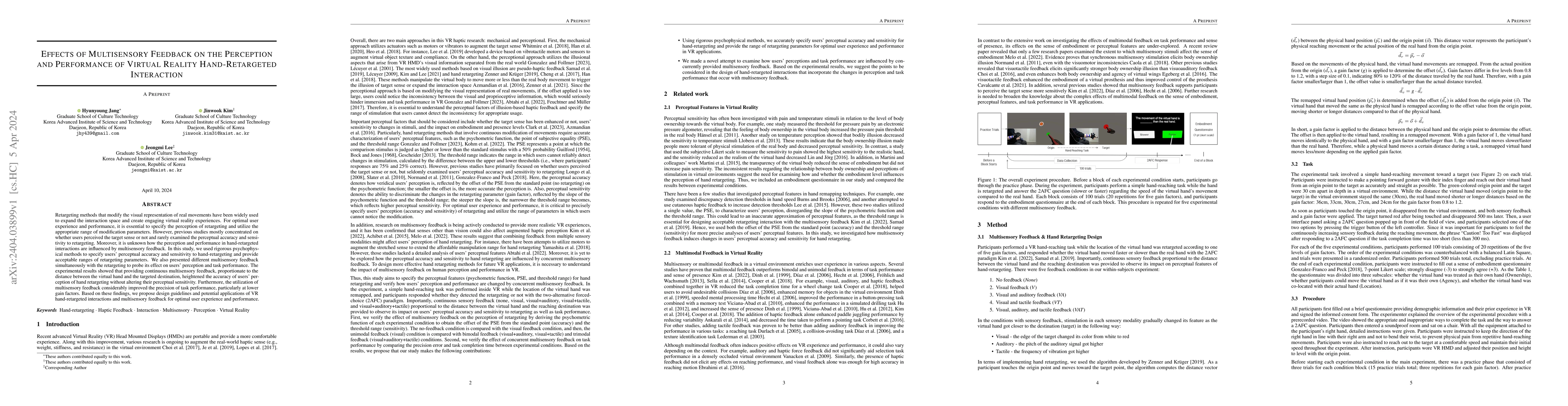 Thumbnail for Effects of Multisensory Feedback on the Perception and Performance of
  Virtual Reality Hand-Retargeted Interaction
