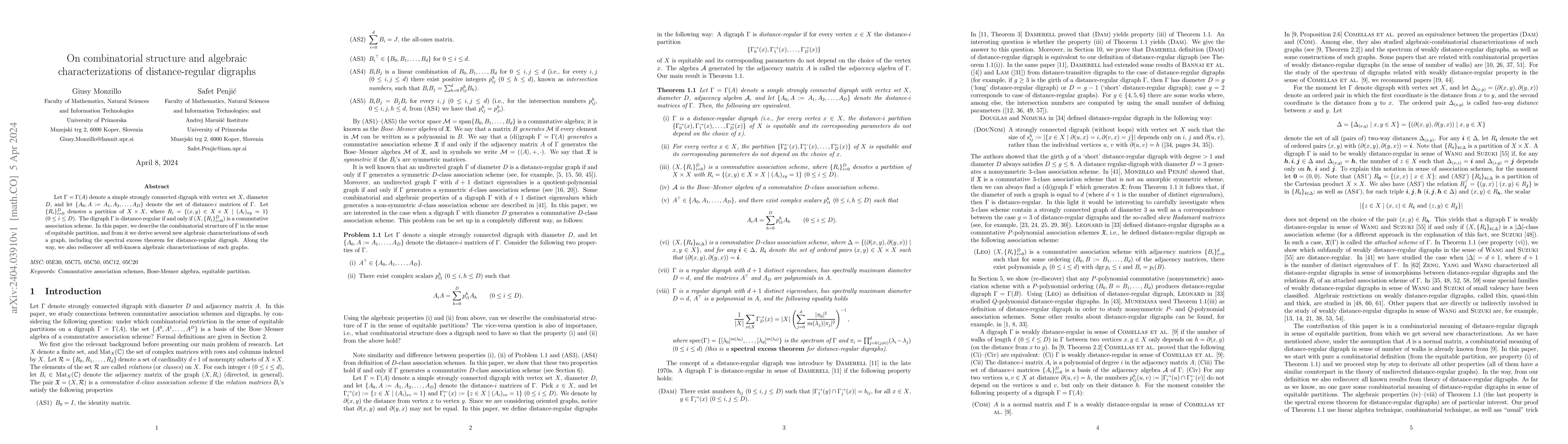 Thumbnail for On combinatorial structure and algebraic characterizations of
  distance-regular digraphs