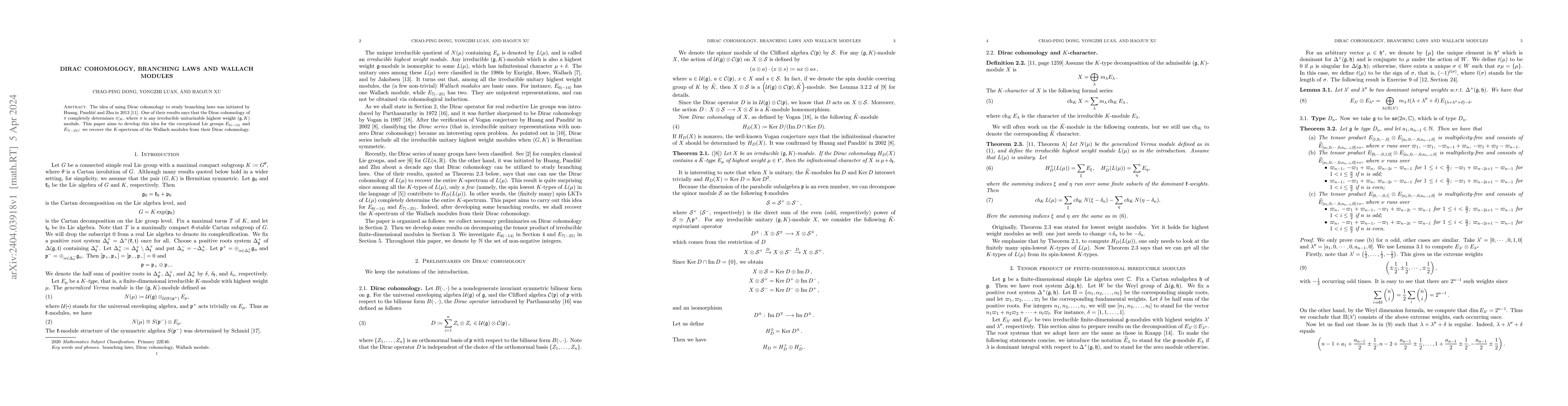 Thumbnail for Dirac cohomology, branching laws and Wallach modules