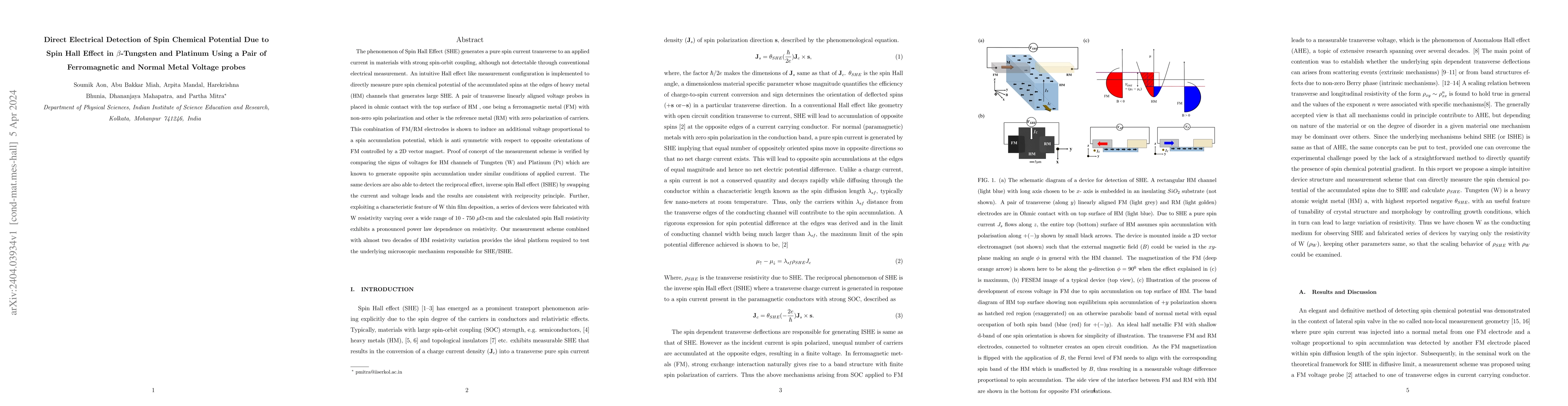 Thumbnail for Direct Electrical Detection of Spin Chemical Potential Due to Spin Hall
  Effect in $\beta$-Tungsten and Platinum Using a Pair of Ferromagnetic and
  Normal Metal Voltage probes