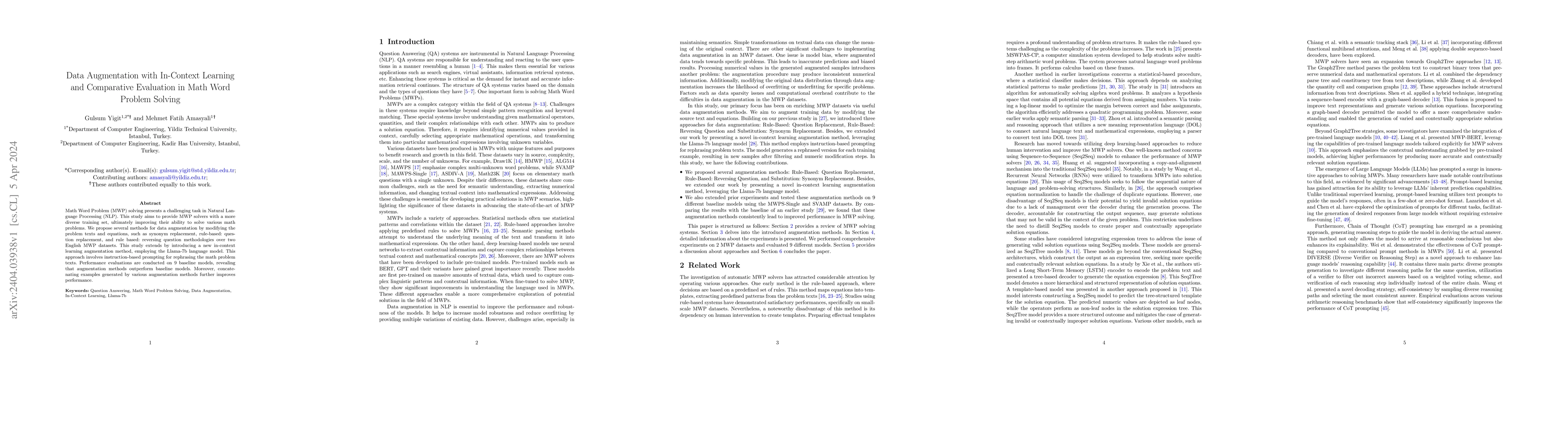 Thumbnail for Data Augmentation with In-Context Learning and Comparative Evaluation in
  Math Word Problem Solving