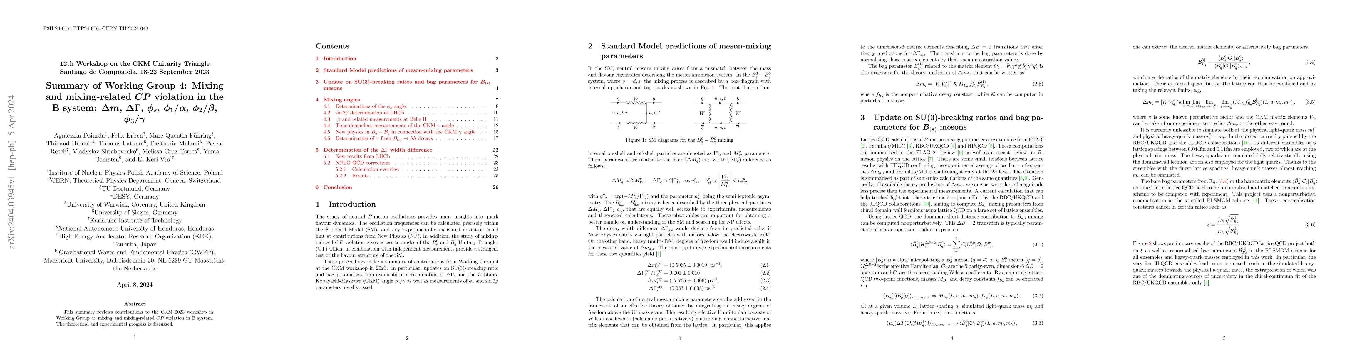 Thumbnail for Summary of Working Group 4: Mixing and mixing-related $CP$ violation in
  the B system: $\Delta m$, $\Delta \Gamma$, $\phi_s$, $\phi_1/\alpha$,
  $\phi_2/\beta$, $\phi_3/\gamma$