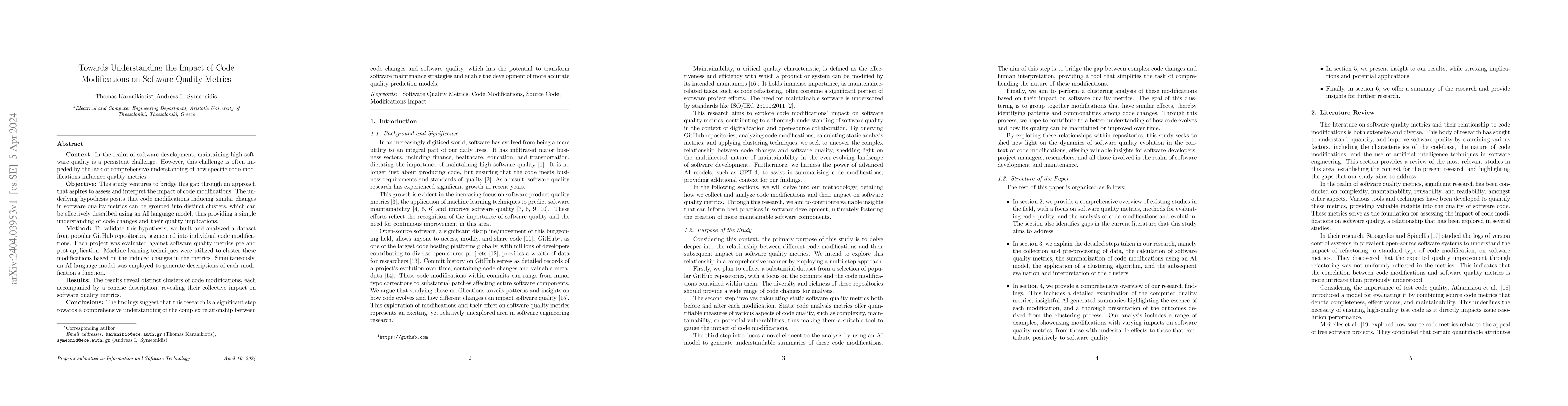 Thumbnail for Towards Understanding the Impact of Code Modifications on Software
  Quality Metrics