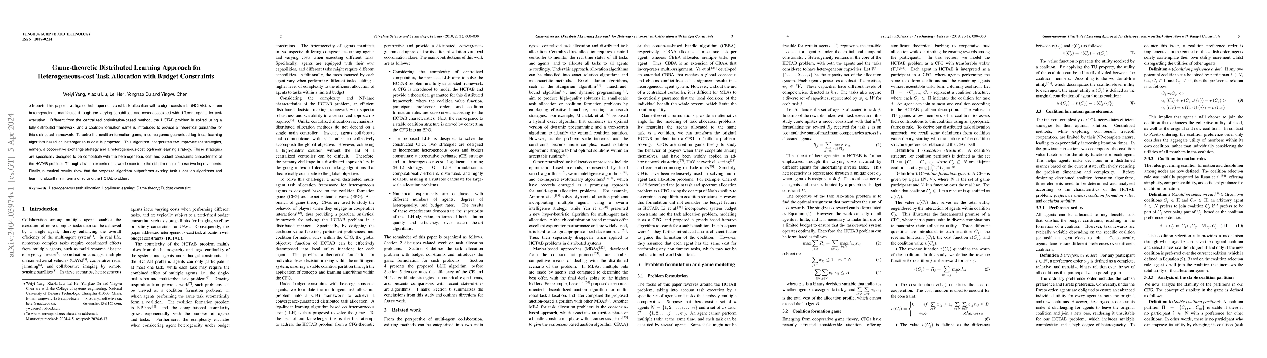 Thumbnail for Game-theoretic Distributed Learning Approach for Heterogeneous-cost Task
  Allocation with Budget Constraints