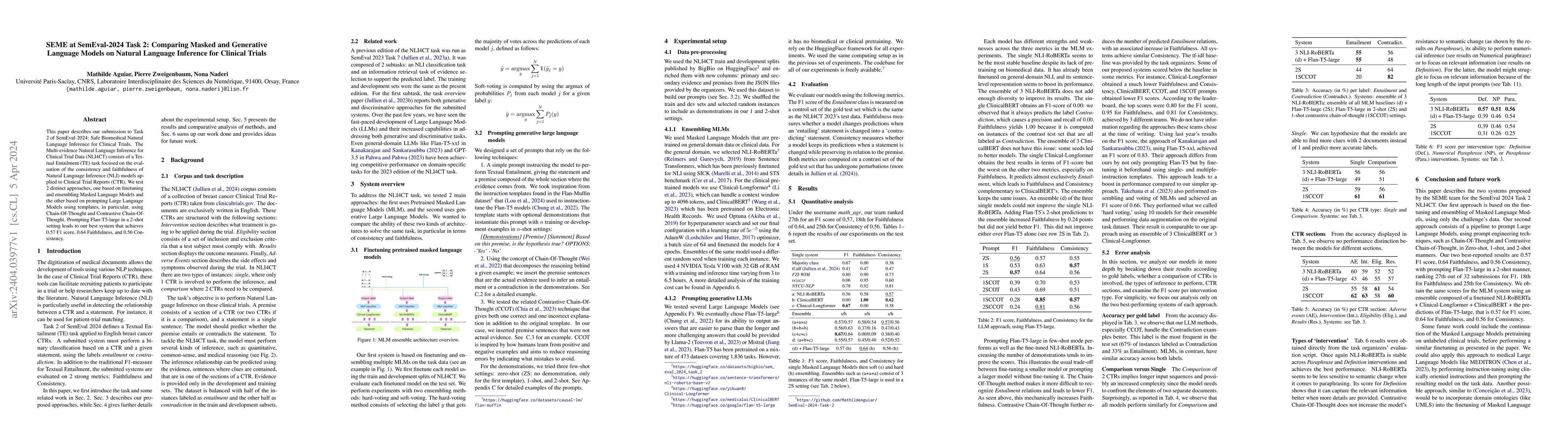 Thumbnail for SEME at SemEval-2024 Task 2: Comparing Masked and Generative Language
  Models on Natural Language Inference for Clinical Trials