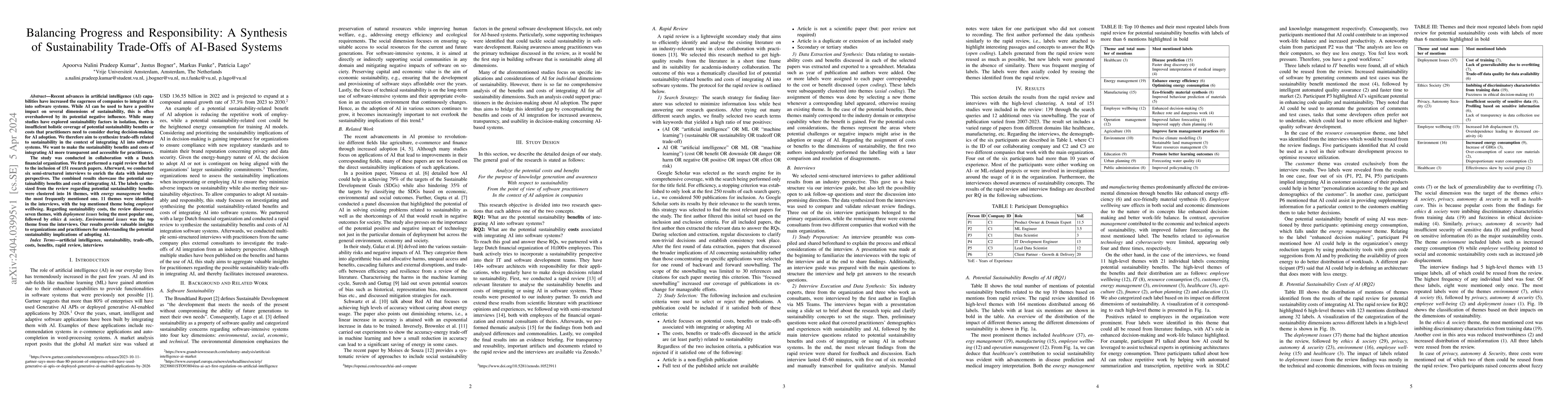 Thumbnail for Balancing Progress and Responsibility: A Synthesis of Sustainability
  Trade-Offs of AI-Based Systems