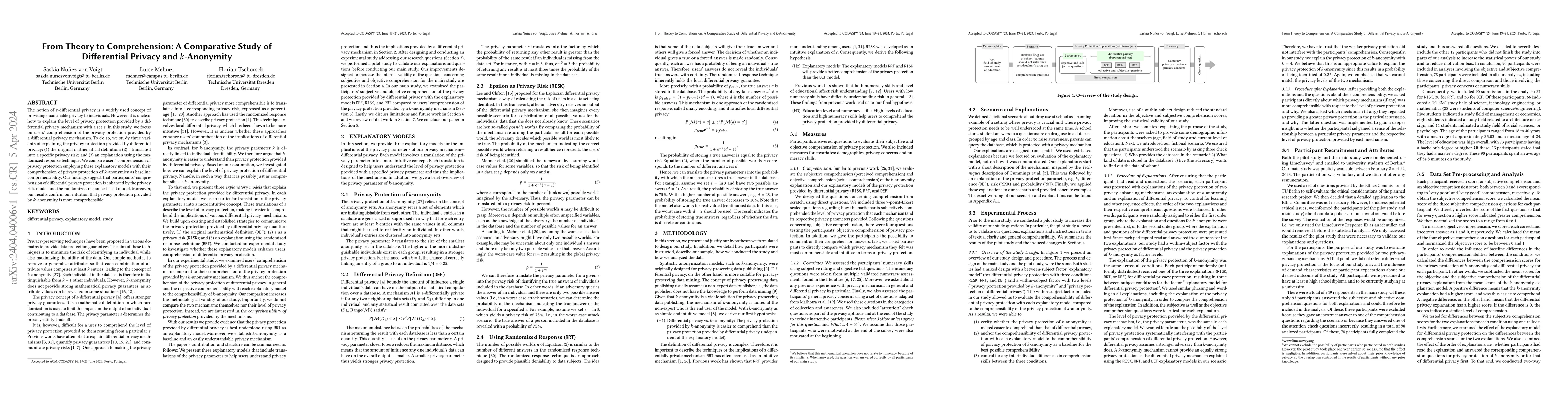 Thumbnail for From Theory to Comprehension: A Comparative Study of Differential
  Privacy and $k$-Anonymity