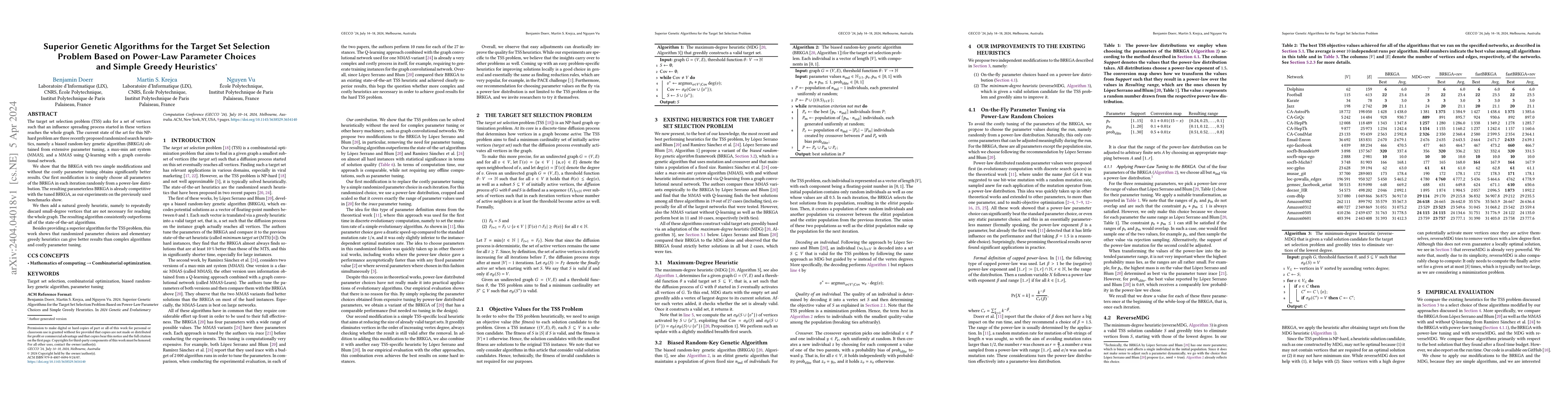 Thumbnail for Superior Genetic Algorithms for the Target Set Selection Problem Based
  on Power-Law Parameter Choices and Simple Greedy Heuristics