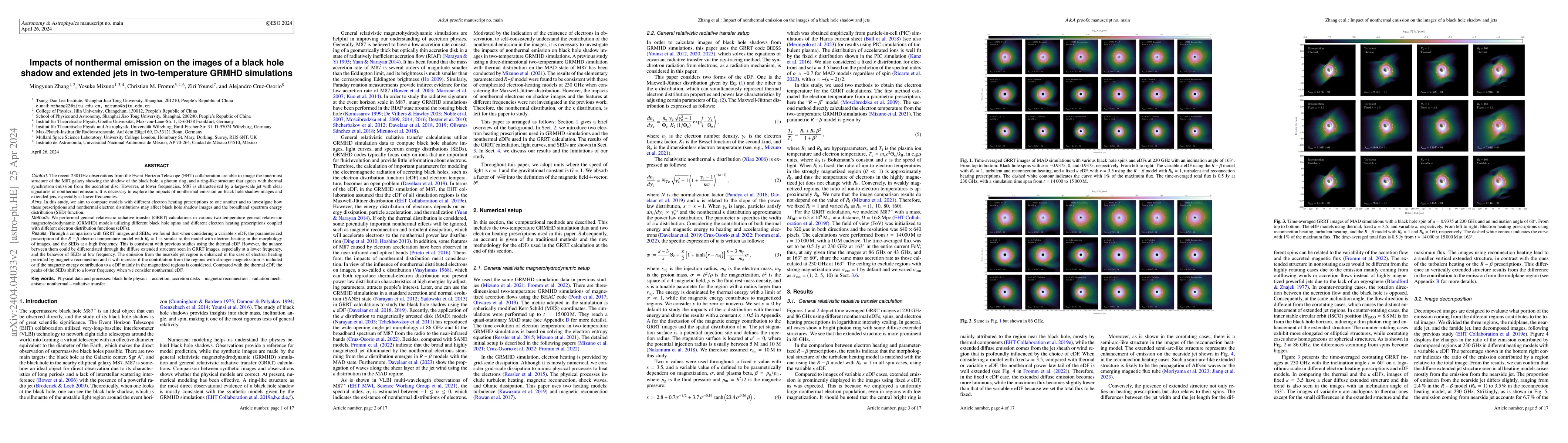 Thumbnail for Impacts of nonthermal emission on the images of a black hole shadow and
  extended jets in two-temperature GRMHD simulations