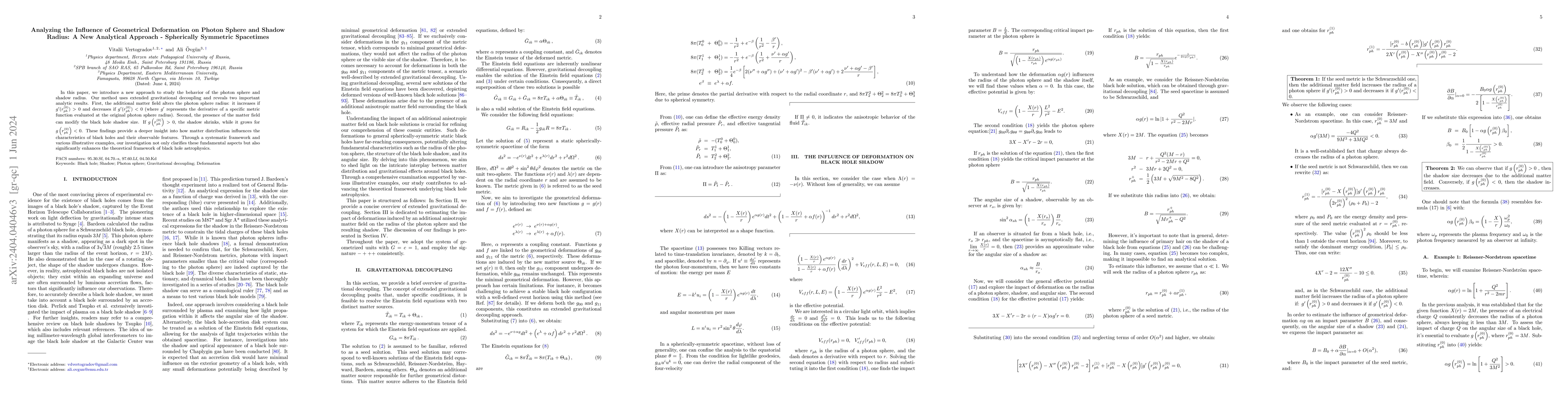 Thumbnail for Analyzing the Influence of Geometrical Deformation on Photon Sphere and
  Shadow Radius: A New Analytical Approach -- Spherically Symmetric Spacetimes