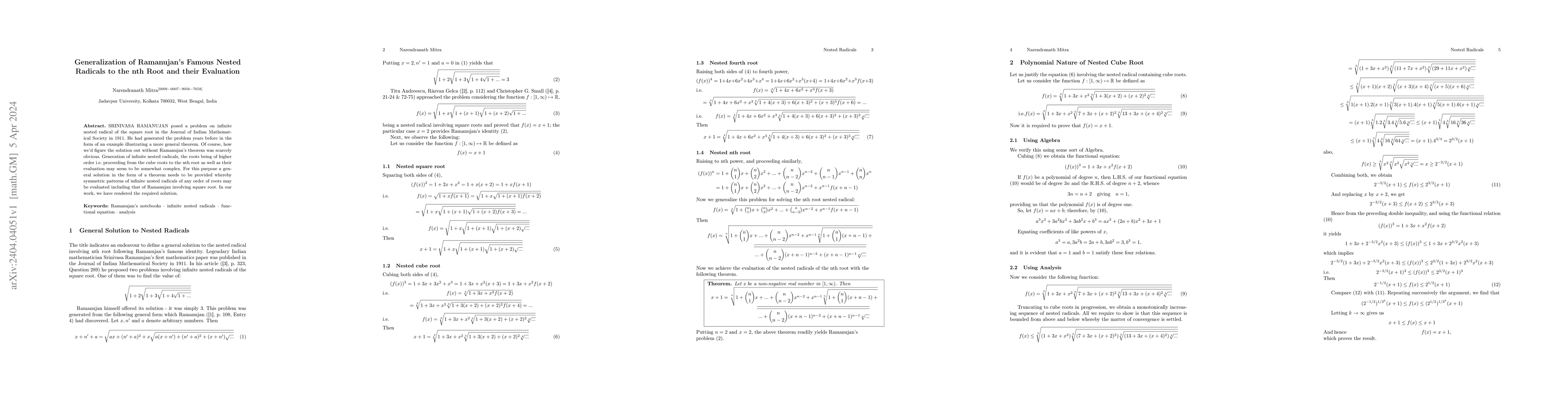 Thumbnail for Generalization of Ramanujan Famous Nested Radicals to the nth Root and
  their Evaluation