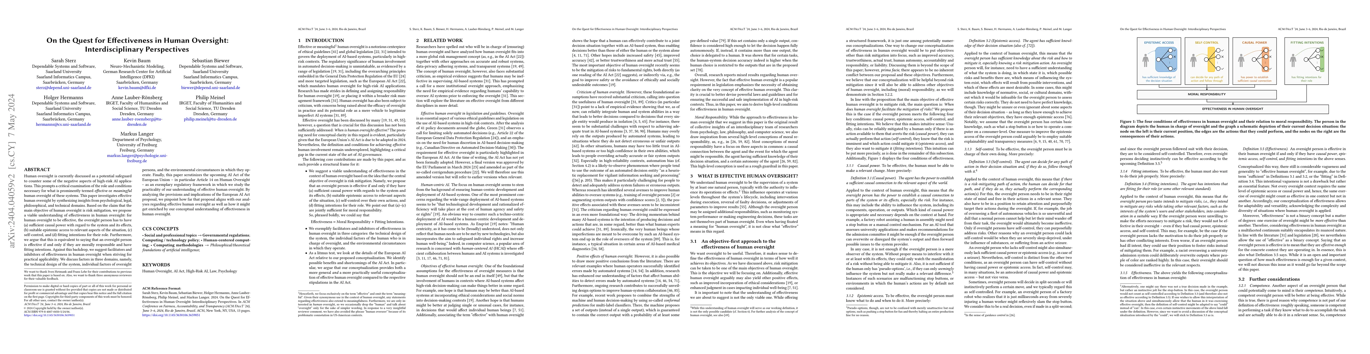 Thumbnail for On the Quest for Effectiveness in Human Oversight: Interdisciplinary
  Perspectives