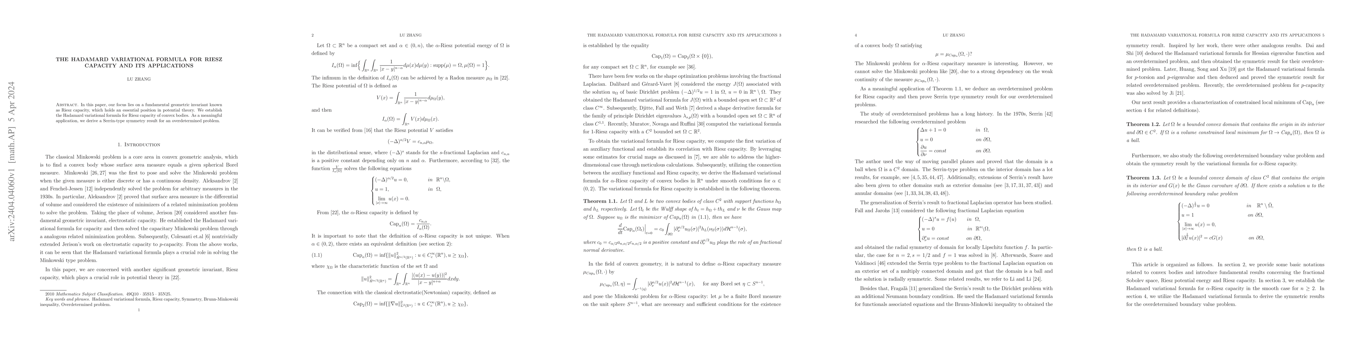 Thumbnail for The Hadamard variational formula for Riesz capacity and its applications
