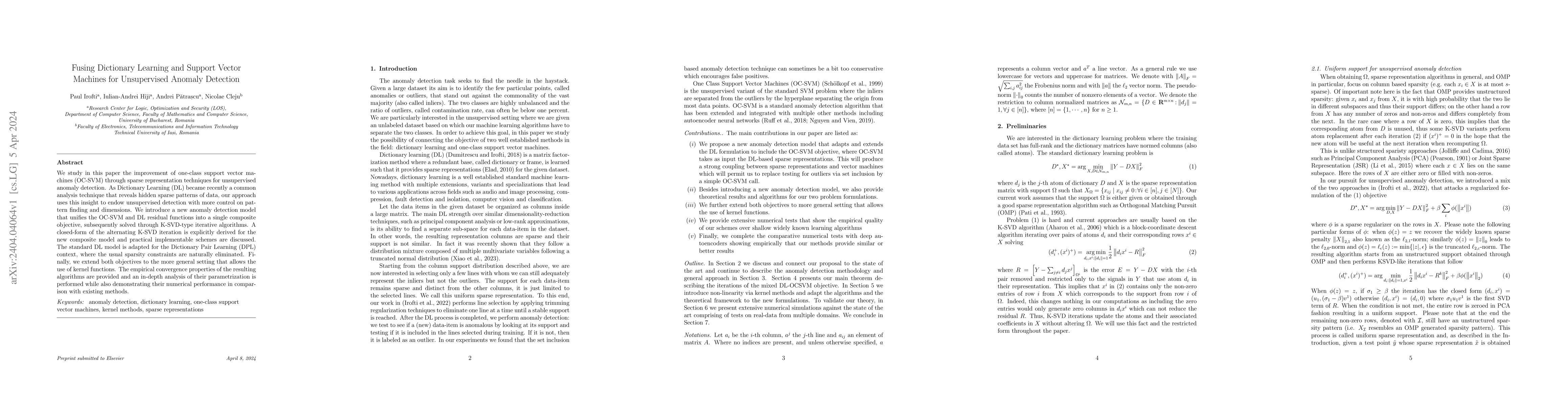 Thumbnail for Fusing Dictionary Learning and Support Vector Machines for Unsupervised
  Anomaly Detection