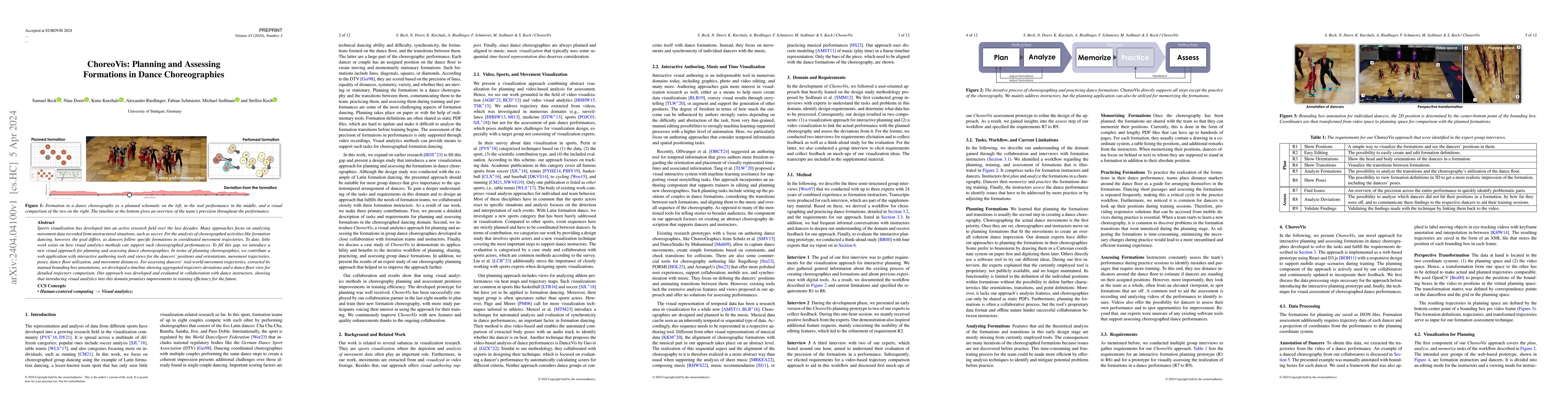 Thumbnail for ChoreoVis: Planning and Assessing Formations in Dance Choreographies