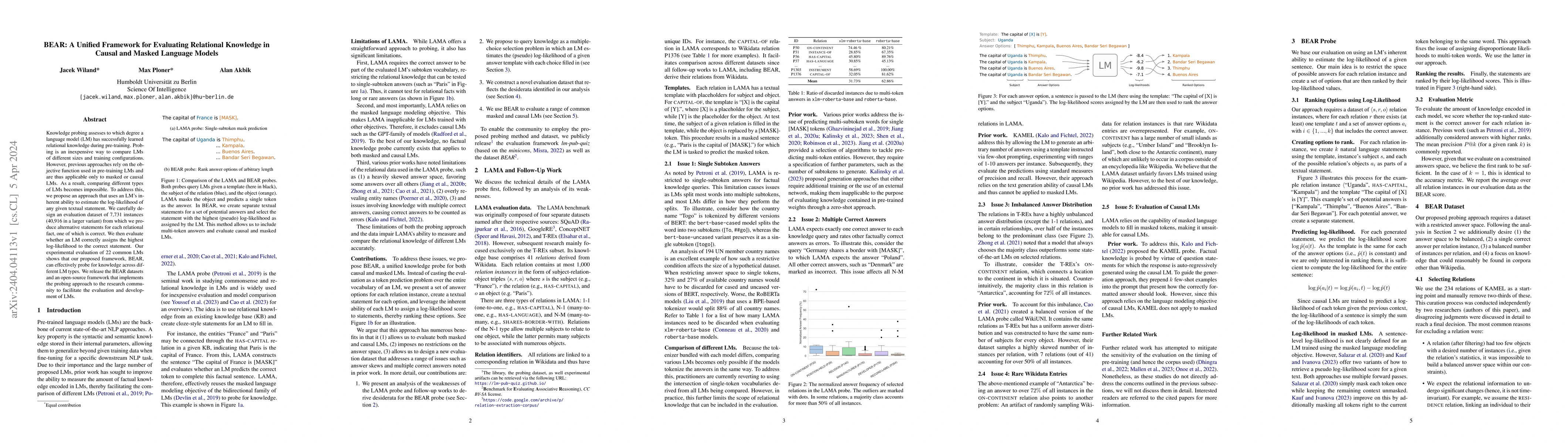 Thumbnail for BEAR: A Unified Framework for Evaluating Relational Knowledge in Causal
  and Masked Language Models
