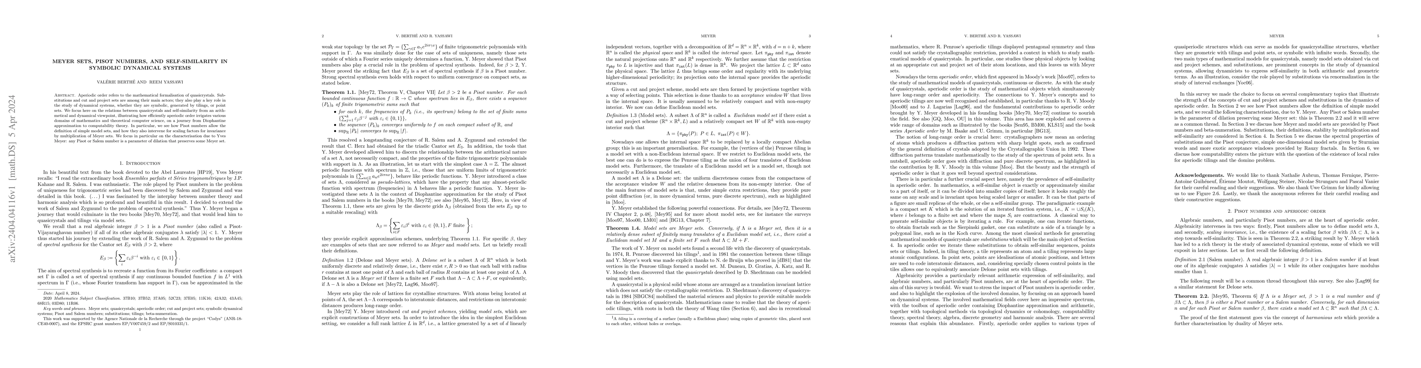 Thumbnail for Meyer sets, Pisot numbers, and self-similarity in symbolic dynamical
  systems