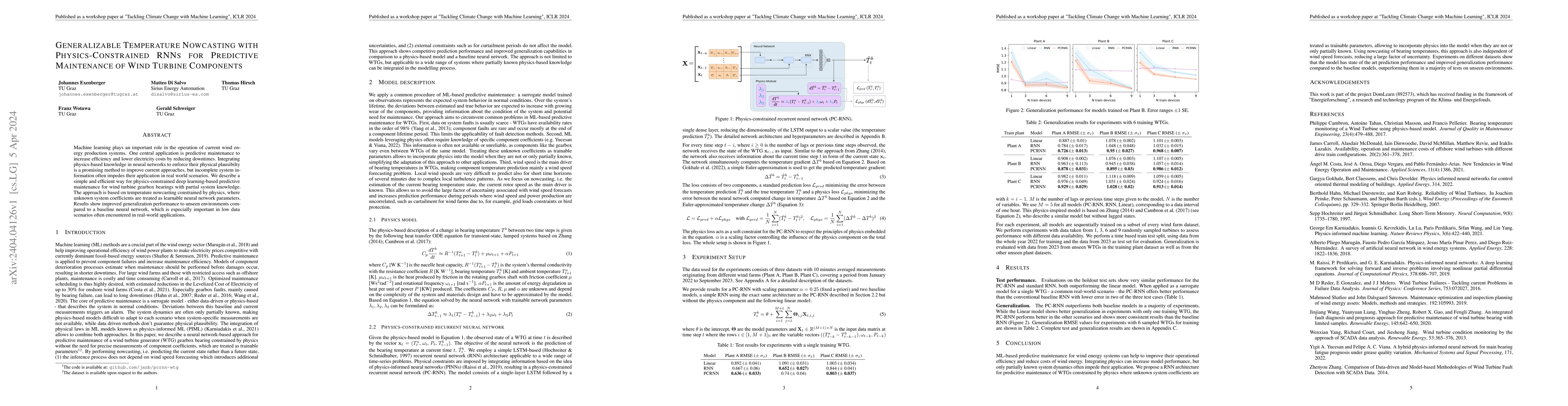 Thumbnail for Generalizable Temperature Nowcasting with Physics-Constrained RNNs for
  Predictive Maintenance of Wind Turbine Components