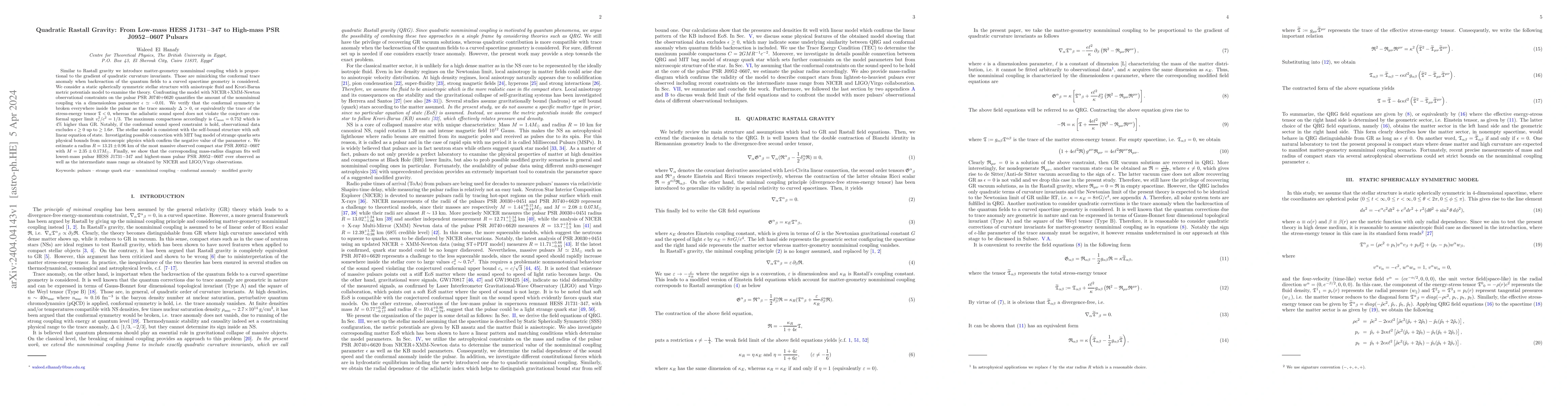 Thumbnail for Quadratic Rastall Gravity: from low-mass HESS J1731-347 to high-mass PSR
  J0952-0607 pulsars