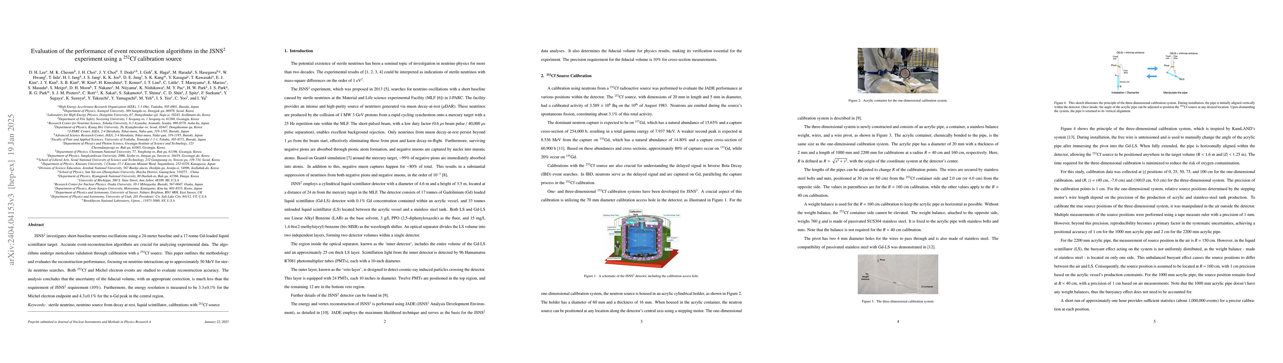 Thumbnail for Evaluation of the performance of the event reconstruction algorithms in
  the JSNS$^2$ experiment using a $^{252}$Cf calibration source
