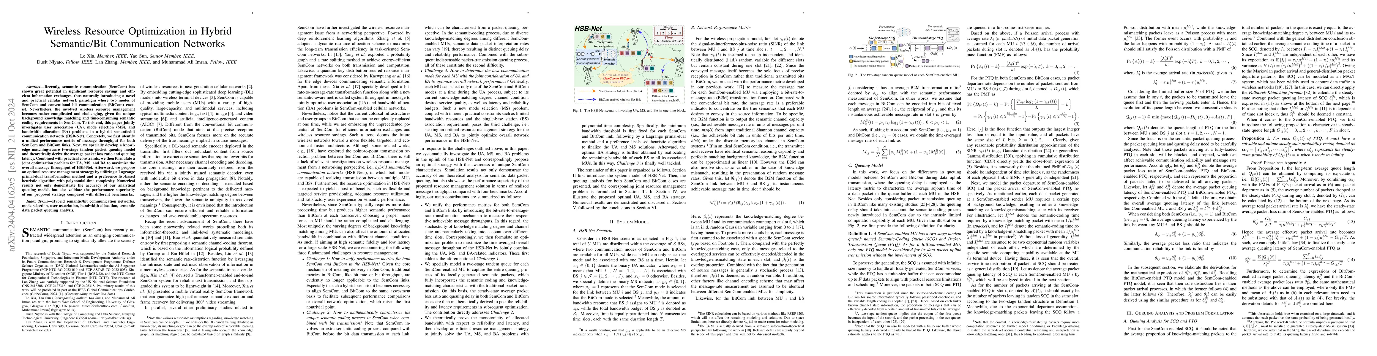 Thumbnail for Wireless Resource Optimization in Hybrid Semantic/Bit Communication
  Networks