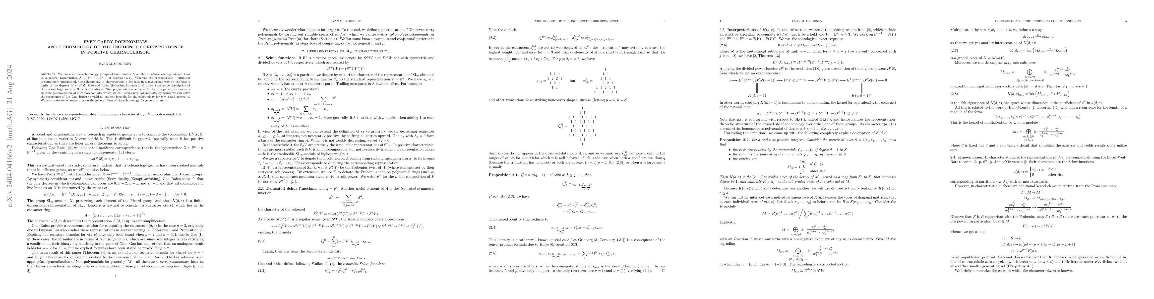 Thumbnail for Even-carry polynomials and cohomology of line bundles on the incidence
  correspondence in positive characteristic