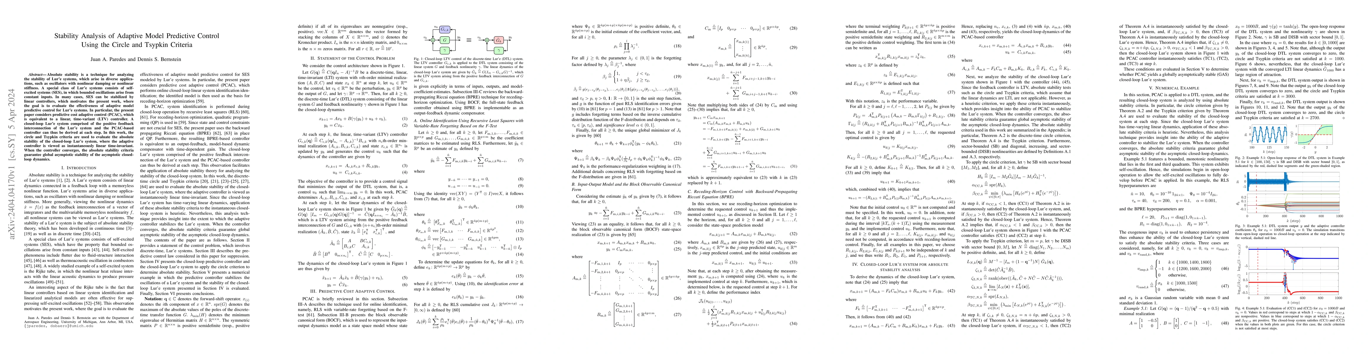 Thumbnail for Stability Analysis of Adaptive Model Predictive Control Using the Circle
  and Tsypkin Criteria