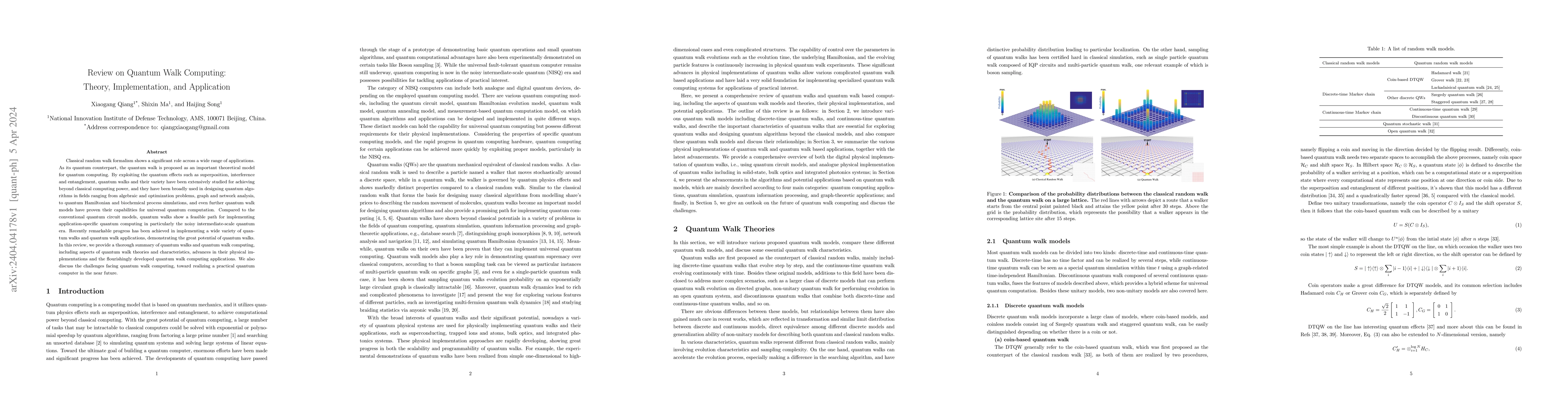 Thumbnail for Review on Quantum Walk Computing: Theory, Implementation, and
  Application