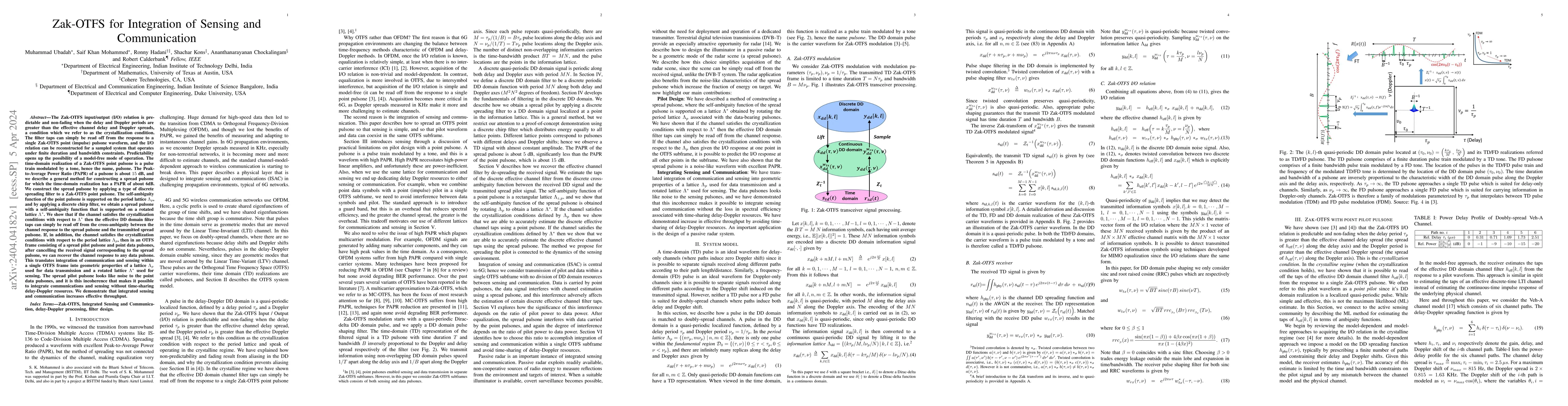Thumbnail for Zak-OTFS for Integration of Sensing and Communication
