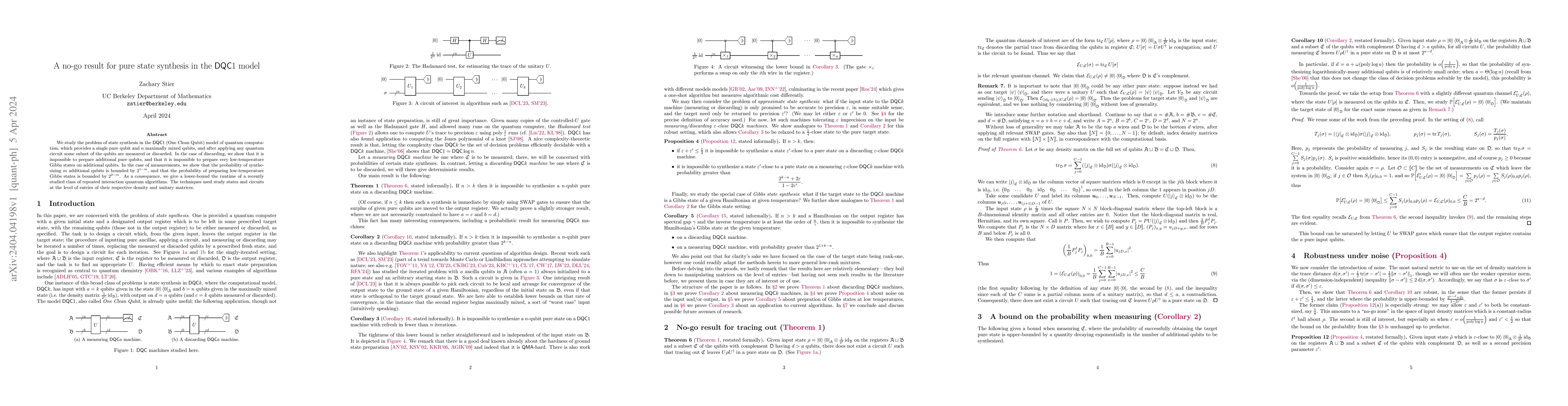 Thumbnail for A no-go result for pure state synthesis in the DQC1 model